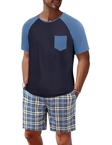 Jahetuul Schlafanzug Herren kurz kariert Pyjama Männer Nachtwäsche Set Zweiteilige Schlafanzüge Sommer Shorty Pyjama Jungen Karierte Schlafanzughose von Jahetuul