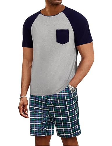 Jahetuul Schlafanzug Herren kurz kariert Pyjama Männer Nachtwäsche Set Zweiteilige Schlafanzüge Sommer Shorty Pyjama Jungen Karierte Schlafanzughose von Jahetuul