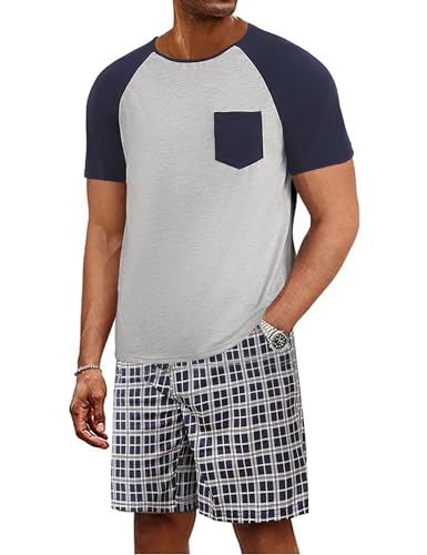 Jahetuul Schlafanzug Herren kurz kariert Pyjama Männer Nachtwäsche Set Zweiteilige Schlafanzüge Sommer Shorty Pyjama Jungen Karierte Schlafanzughose von Jahetuul