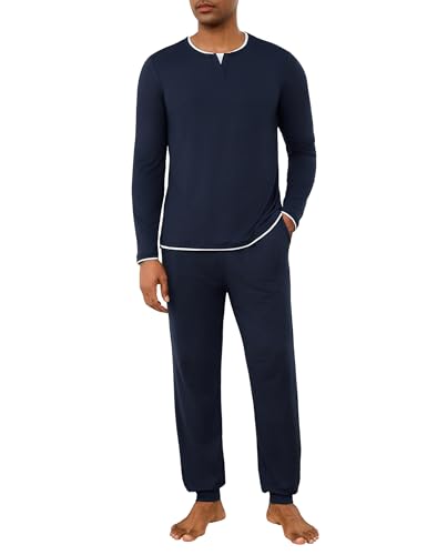 Jahetuul Schlafanzug Herren lang Doppelkragen Schlafhose Pyjama Männer Schlafanzüge für Herren Nachtwäsche Zweiteilig Langarm mit Bündchen Homewear von Jahetuul