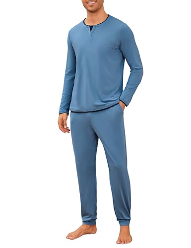 Jahetuul Schlafanzug Herren lang Doppelkragen Schlafhose Pyjama Männer Schlafanzüge für Herren Nachtwäsche Zweiteilig Langarm mit Bündchen Homewear von Jahetuul