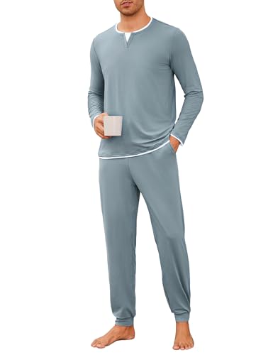 Jahetuul Schlafanzug Herren lang Doppelkragen Schlafhose Pyjama Männer Schlafanzüge für Herren Nachtwäsche Zweiteilig Langarm mit Bündchen Homewear von Jahetuul