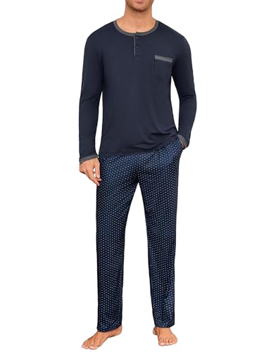 Jahetuul Schlafanzug Herren lang mit Knöpfe Schlafhose Punktmuster Pyjama Männer Schlafanzüge für Herren Nachtwäsche Pyjamahose Homewear Man von Jahetuul