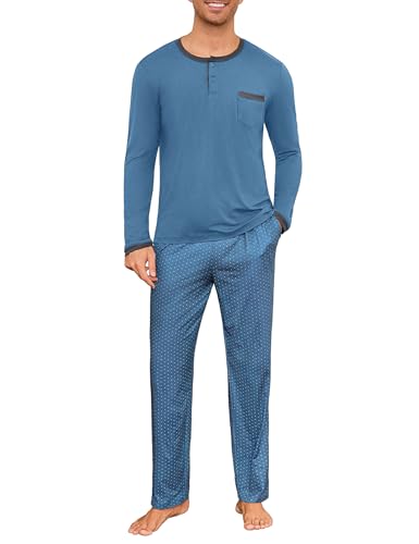 Jahetuul Schlafanzug Herren lang mit Knöpfe Schlafhose Punktmuster Pyjama Männer Schlafanzüge für Herren Nachtwäsche Pyjamahose Homewear Man von Jahetuul
