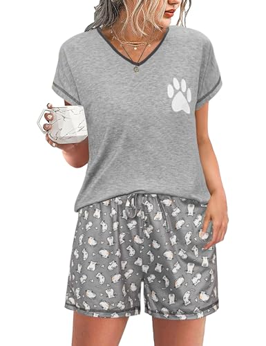 Jahetuul Schlafanzug Sommer mit Shorts im Katzen-Print Pyjama Damen kurz Baumwolle mit verstellbarem Kordelzug in der Taille Pyjama Shorty Nachtwäsche Set mit V-Ausschnitt von Jahetuul