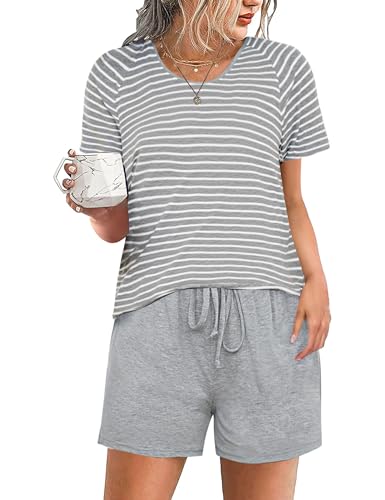 Jahetuul Zweiteiler Damen Sommer Pyjama Damen Schlafanzug kurz gestreift Negligee Baumwlle Schlafhose Pyjamashorts Nachtwäsche Frauen von Jahetuul