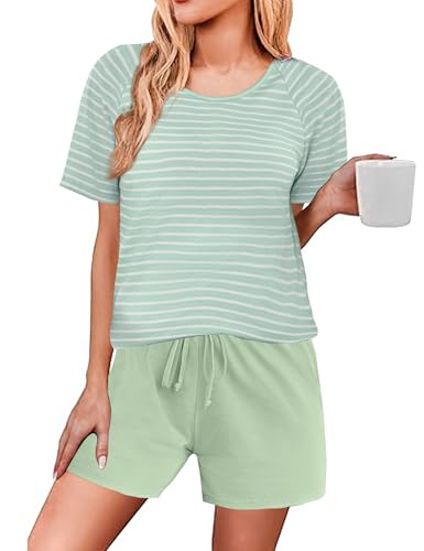 Jahetuul Zweiteiler Damen Sommer Pyjama Damen Schlafanzug kurz gestreift Negligee Baumwlle Schlafhose Pyjamashorts Nachtwäsche Frauen von Jahetuul