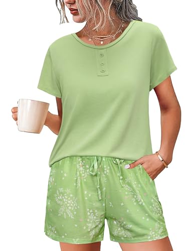 Jahetuul Zweiteiler Schlafanzug Damen Kurz Pyjama Damen Schlafanzug kurz mit Shorts im Blumenmuster Negligee Baumwlle Pyjamashorts Nachtwäsche Frauen von Jahetuul