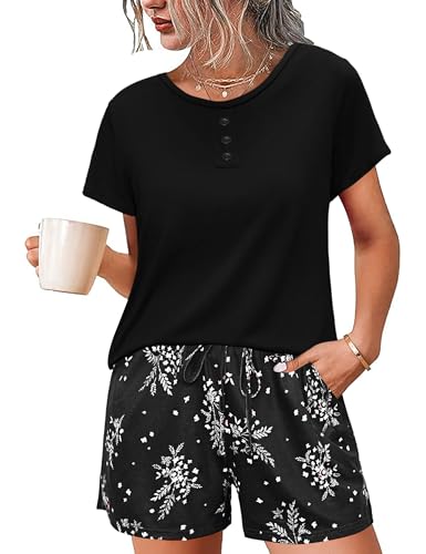 Jahetuul Zweiteiler Schlafanzug Damen Kurz Pyjama Damen Schlafanzug kurz mit Shorts im Blumenmuster Negligee Baumwlle Pyjamashorts Nachtwäsche Frauen von Jahetuul