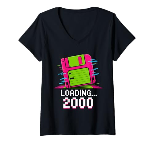 Damen Loading 2000 Floppy Disk Pixel Grafik Retro Y2K Style T-Shirt mit V-Ausschnitt Damen Loading 2000 Floppy Disk Pixel Grafik Retro Y2K Style T-Shirt mit V-Ausschnitt von Jahr 2000 Computer Nostalgie Glitch Look Oldschool