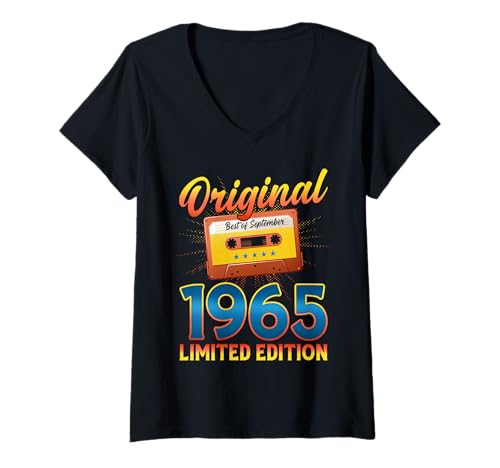 Damen 60. Geburtstag Mann Frau September 1965 Vintage Kassette T-Shirt mit V-Ausschnitt von Jahrgang 1965 60. Geburtstag Herren Retro Mix Tape