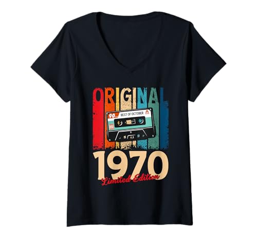 Damen 55. Geburtstag Geschenk Oktober 1970 Vintage Kassette T-Shirt mit V-Ausschnitt von Jahrgang 1970 55. Geburtstag Herren Retro Mix Tape