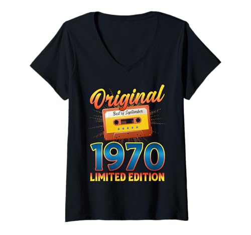 Damen 55. Geburtstag Mann Frau September 1970 Vintage Kassette T-Shirt mit V-Ausschnitt von Jahrgang 1970 55. Geburtstag Herren Retro Mix Tape