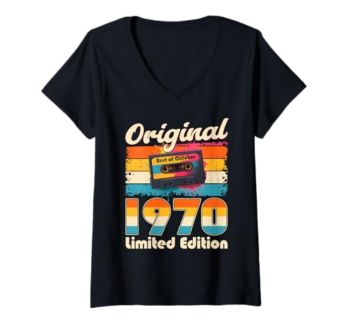 Damen 55. Geburtstag Mann Frau September 1970 Vintage Kassette T-Shirt mit V-Ausschnitt von Jahrgang 1970 55. Geburtstag Herren Retro Mix Tape