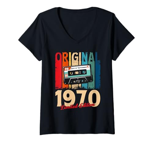 Damen 55. Geburtstag Mann Geschenk September 1970 Vintage Kassette T-Shirt mit V-Ausschnitt von Jahrgang 1970 55. Geburtstag Herren Retro Mix Tape