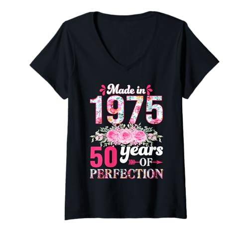 Damen Made in 1975 50. Geburtstag Geschenk Für Frau Jahrgang 1975 T-Shirt mit V-Ausschnitt von Jahrgang 1975 50. Geburtstag Geschenk Für Frau