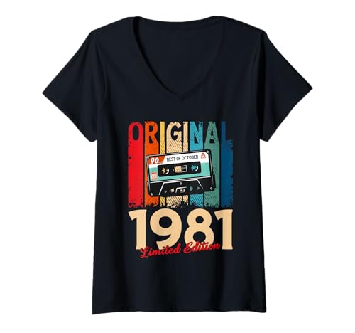 Damen 44. Geburtstag Geschenk Oktober 1981 Vintage Kassette T-Shirt mit V-Ausschnitt Damen 44. Geburtstag Geschenk Oktober 1981 Vintage Kassette T-Shirt mit V-Ausschnitt von Jahrgang 1981 44. Geburtstag Herren Retro Mix Tape