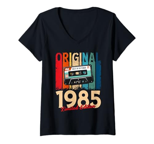 Damen 40. Geburtstag Geschenk Oktober 1985 Vintage Kassette T-Shirt mit V-Ausschnitt von Jahrgang 1985 40. Geburtstag Herren Retro Mix Tape