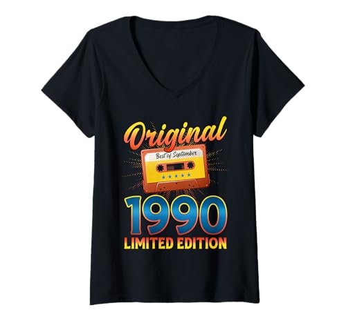 Damen 35. Geburtstag Mann Frau September 1990 Vintage Kassette T-Shirt mit V-Ausschnitt von Jahrgang 1990 35. Geburtstag Herren Retro Mix Tape