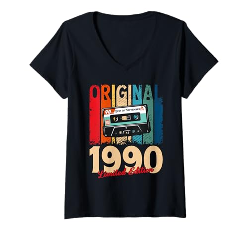 Damen 35. Geburtstag Mann Geschenk September 1990 Vintage Kassette T-Shirt mit V-Ausschnitt von Jahrgang 1990 35. Geburtstag Herren Retro Mix Tape