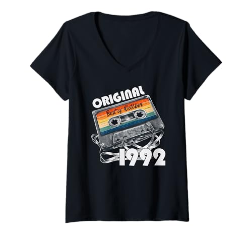 Damen 33. Geburtstag Geschenk Oktober 1992 Vintage Kassette T-Shirt mit V-Ausschnitt Damen 33. Geburtstag Geschenk Oktober 1992 Vintage Kassette T-Shirt mit V-Ausschnitt von Jahrgang 1992 33. Geburtstag Herren Retro Mix Tape