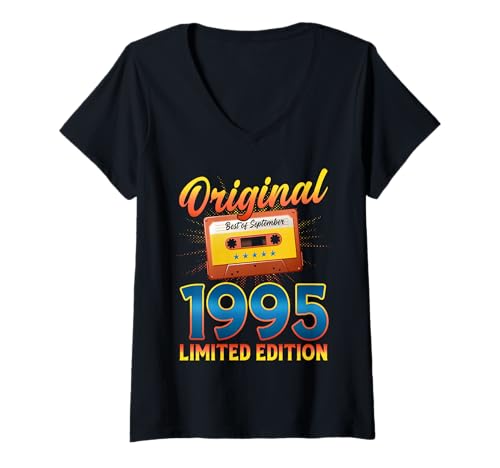 Damen 30. Geburtstag Mann Frau September 1995 Vintage Kassette T-Shirt mit V-Ausschnitt von Jahrgang 1995 30. Geburtstag Herren Retro Mix Tape