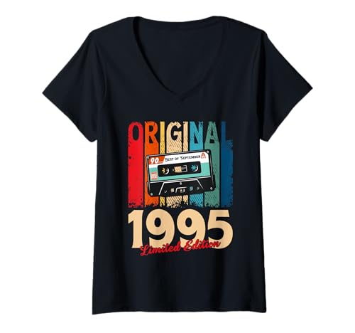 Damen 30. Geburtstag Mann Geschenk September 1995 Vintage Kassette T-Shirt mit V-Ausschnitt von Jahrgang 1995 30. Geburtstag Herren Retro Mix Tape