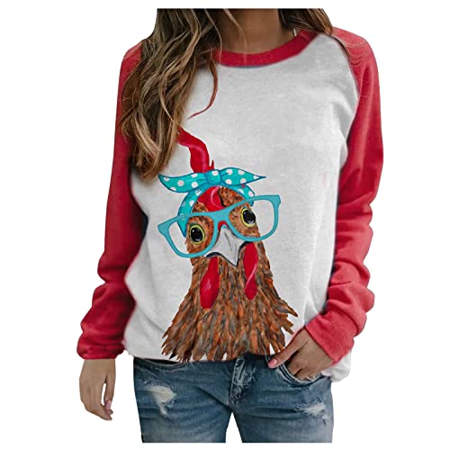 Mode Pullover Damen Lustige Huhn Motiv Sweatshirt Farbblock Nähen Langarmshirt Locker Pulli Tops Rundhals Langarm Sweater Oberteile Teenager Mädchen Sport Jumper Casual Blusentop Oberteil von Jaihank