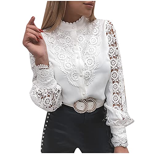 Spitze Bluse Damen Elegant Pullover Tops Weiß Langarmshirt Klassischer Schnitt Tunika Blusen Shirt mit Stehkragen Mode Business Pulli Oberteile V-Ausschnitt Tunic Tshirt mit Full Button Up von Jaihank