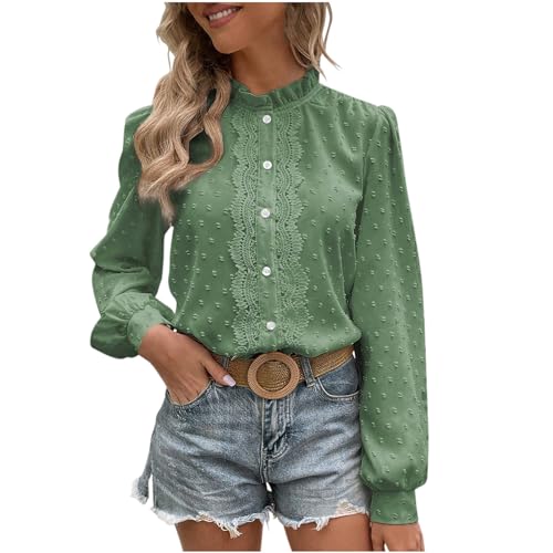 Spitze Bluse Damen Elegant Pullover Tops Weiß Langarmshirt Klassischer Schnitt Tunika Blusen Shirt mit Stehkragen Mode Business Pulli Oberteile V-Ausschnitt Tunic Tshirt mit Full Button Up von Jaihank