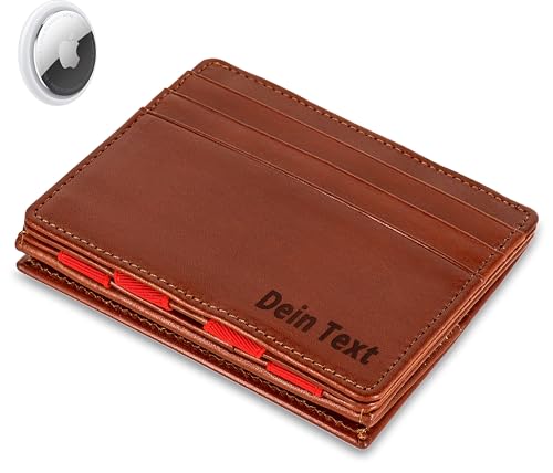 Jaimie Jacobs Flap Boy AirTag-Edition mit Gravur Magic Wallet Echtleder (Dunkelbraun mit Rot) von Jaimie Jacobs