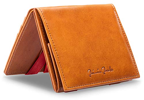 Jaimie Jacobs Flap Boy - Das Original - Magic Wallet mit Münzfach und RFID-Schutz Magischer Geldbeutel magisches Portmonaie Brieftasche mit Kleingeldfach Herren echtes Leder (Cognac mit Rot) von Jaimie Jacobs