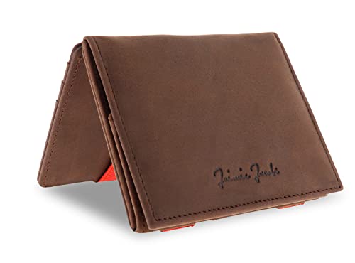 Jaimie Jacobs Flap Boy - Das Original Magic Wallet mit Münzfach RFID-Schutz Magischer Geldbeutel magisches Portemonaie Brieftasche mit Kleingeldfach Herren echtes Leder (Büffelleder Braun mit Rot) von Jaimie Jacobs