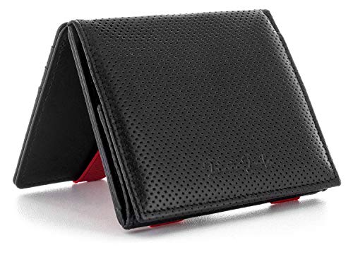 Jaimie Jacobs Flap Boy - Das Original - Magic Wallet mit Münzfach RFID-Schutz Magischer Geldbeutel magisches Portmonaie Brieftasche mit Kleingeldfach Herren echtes Leder (Lochprägung Schwarz mit Rot) von Jaimie Jacobs