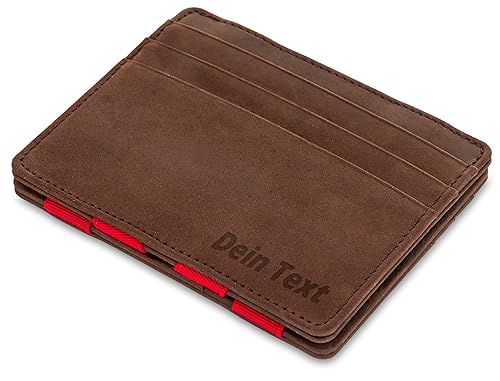 Jaimie Jacobs Flap Boy Slim mit Gravur - das Original - Magic Wallet ohne Münzfach Magischer Geldbeutel integrierter RFID-Schutz Echtleder Herren (Büffelleder Dunkelbraun mit Rot) von Jaimie Jacobs