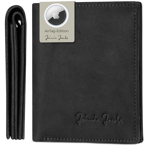 Jaimie Jacobs SLIMSTAR AirTag-Edition mit großem Münzfach dünne Geldbörse Leder Slim Wallet Hochformat Geldbeutel (Büffelleder Schwarz) von Jaimie Jacobs