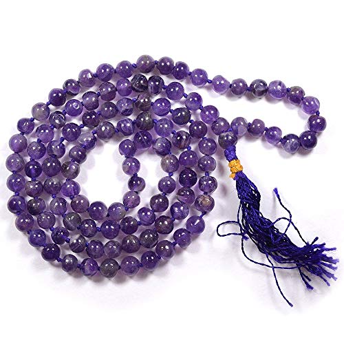 Jaipur Gems Mart Mala-Halskette, natürlicher AAA-Amethyst, 108 Mala, Mala-Halskette, handgeknüpftes Mala-Armband, Japamala, 8 mm runde Perlen, Meditations-Quaste, buddhistische Mala von Jaipur Gems Mart