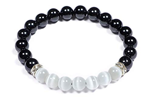 Jaipur Gems Mart Natürlicher AAA Selenit Schwarz Turmalin Stretch-Armband | 7-7,5? Länge Selenit Edelstein-Armband | Unisex-Armband | 8mm runde Form Perlen | Männer Perlen Armband von Jaipur Gems Mart