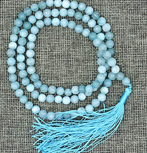 Natürliche AAA Aquamarin 108 Mala Halskette | Aquamarin Mala | 108 Gebet wulstige Mala Halskette | Handgeknüpft Mala Armband | Japa Mala | 8mm Perlen | Meditation Tassel | Buddhistische Mala von Jaipur Gems Mart