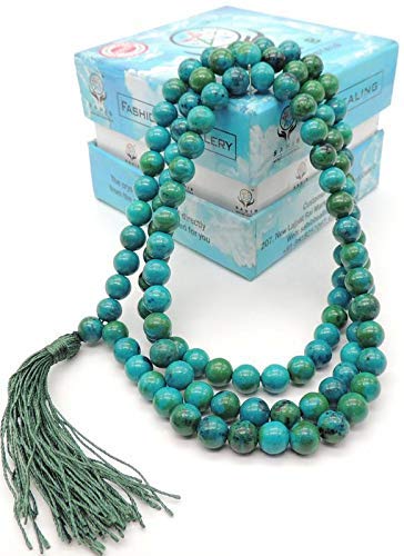 Natürliche AAA Chrysokoll 108 Mala Halskette | Chrysocolla Mala | 108 Gebet wulstige Mala Halskette | Handgeknüpft Mala Armband | Japa Mala | 8mm Perlen | Meditation Tassel | Buddhistische Mala von Jaipur Gems Mart