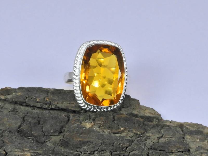 Citrin Quarz 925 Sterling Silber Ring, Facettierter Achteck Geschliffener Stein von Jaipurgemsstudio