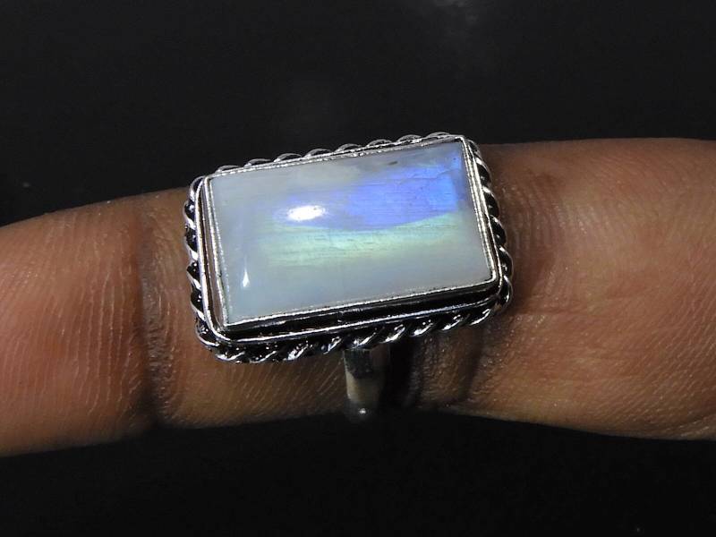 Natürlicher Regenbogen Mondstein Ring, 925 Massiv Sterling Silber Octagon von Jaipurgemsstudio