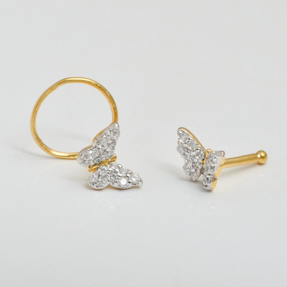 14K Gelbgold Diamant Schmetterling Nasenring Bolzen Für Mädchen von JaipurjewelsStore
