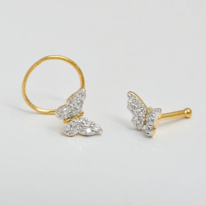 14K Gelbgold Diamant Schmetterling Nasenring Bolzen Für Mädchen von JaipurjewelsStore