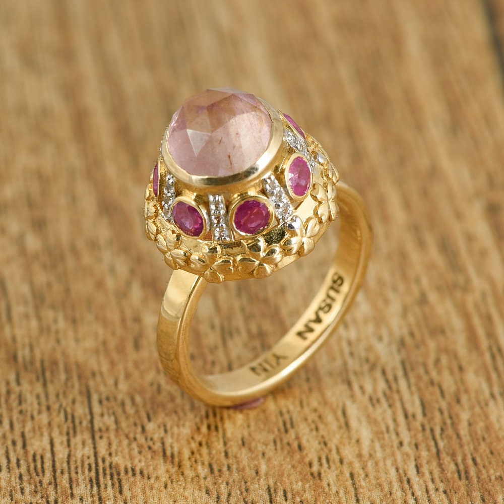 14K Gelbgold Natürliche Rosa Turmalin & Saphir Ring Diamant Akzente Verlobungsringe von JaipurjewelsStore
