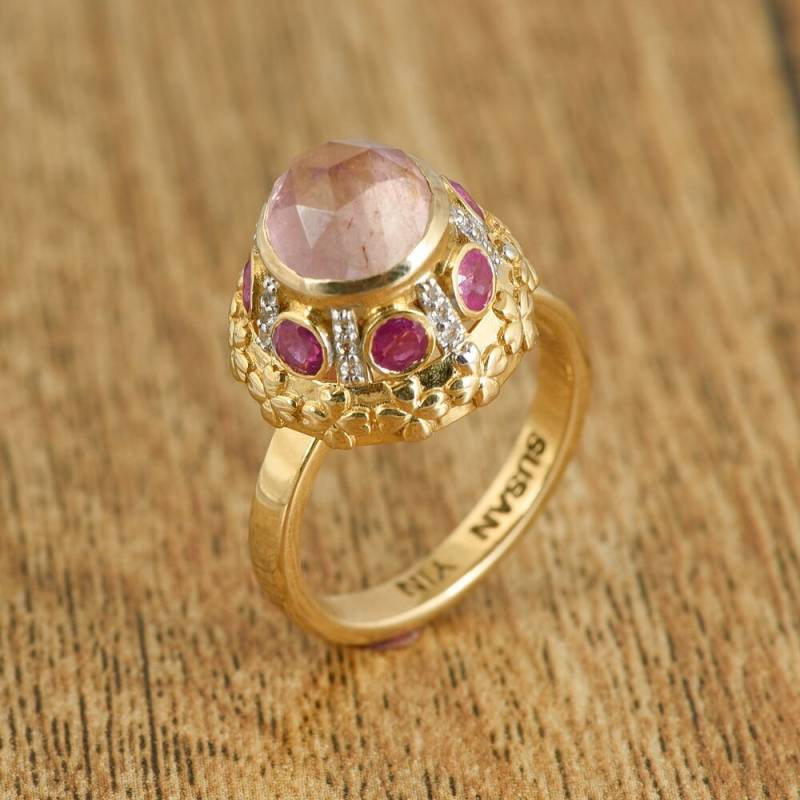 14K Gelbgold Natürliche Rosa Turmalin & Saphir Ring Diamant Akzente Verlobungsringe von JaipurjewelsStore