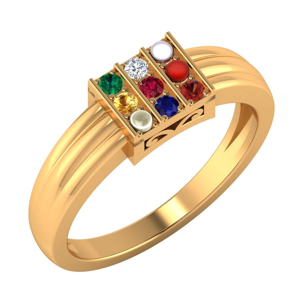 14K Gelbgold Navratna Edelstein Ring Rubin, Smaragd, Diamant Hochzeit Verlobungsringe von JaipurjewelsStore