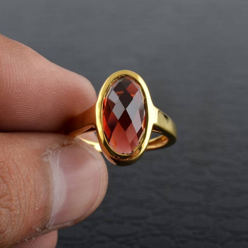 14K Gold Finish Sterling Silber Roter Granat Ring Oval Schachbrett Edelstein Schmuck von JaipurjewelsStore