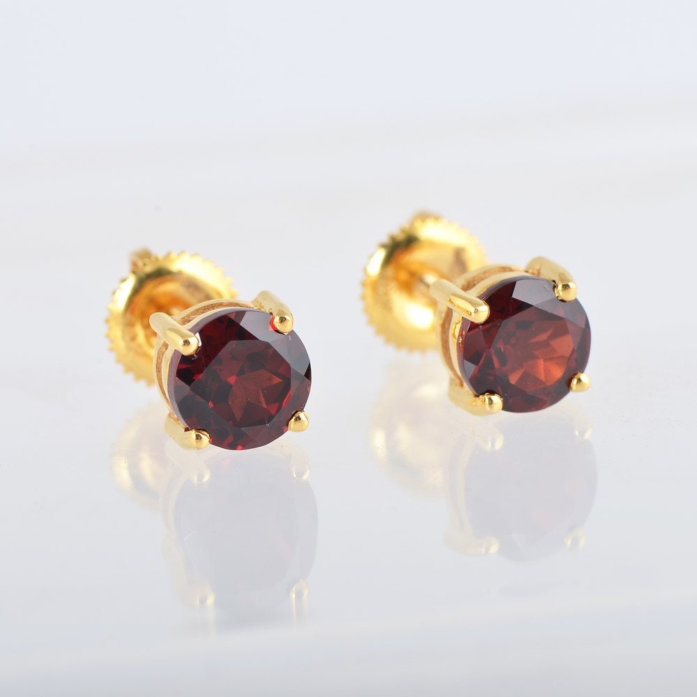 14K Gold Rot Granat Ohrstecker 6 Mm Rundschliff Edelsteine Bolzen Für Mädchen von JaipurjewelsStore