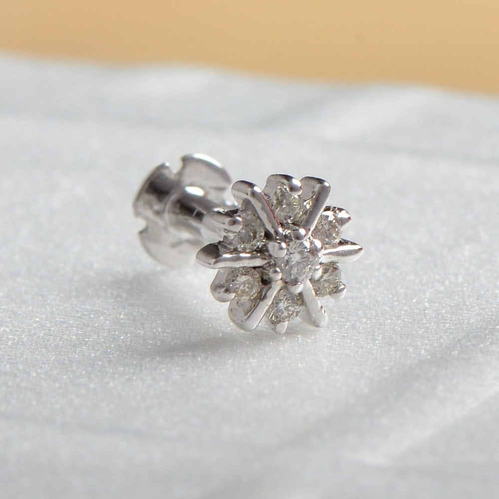14K Weißgold 0, 07 Cts Natürlicher Diamant Stern Nasenring Durchbohrte Bolzen Für Mädchen von JaipurjewelsStore